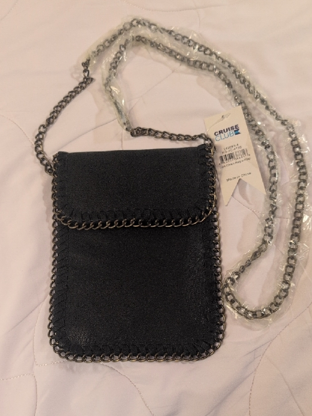 Black leather Chain-Trim Crossbody Phone/Wallet Pouch- NWT